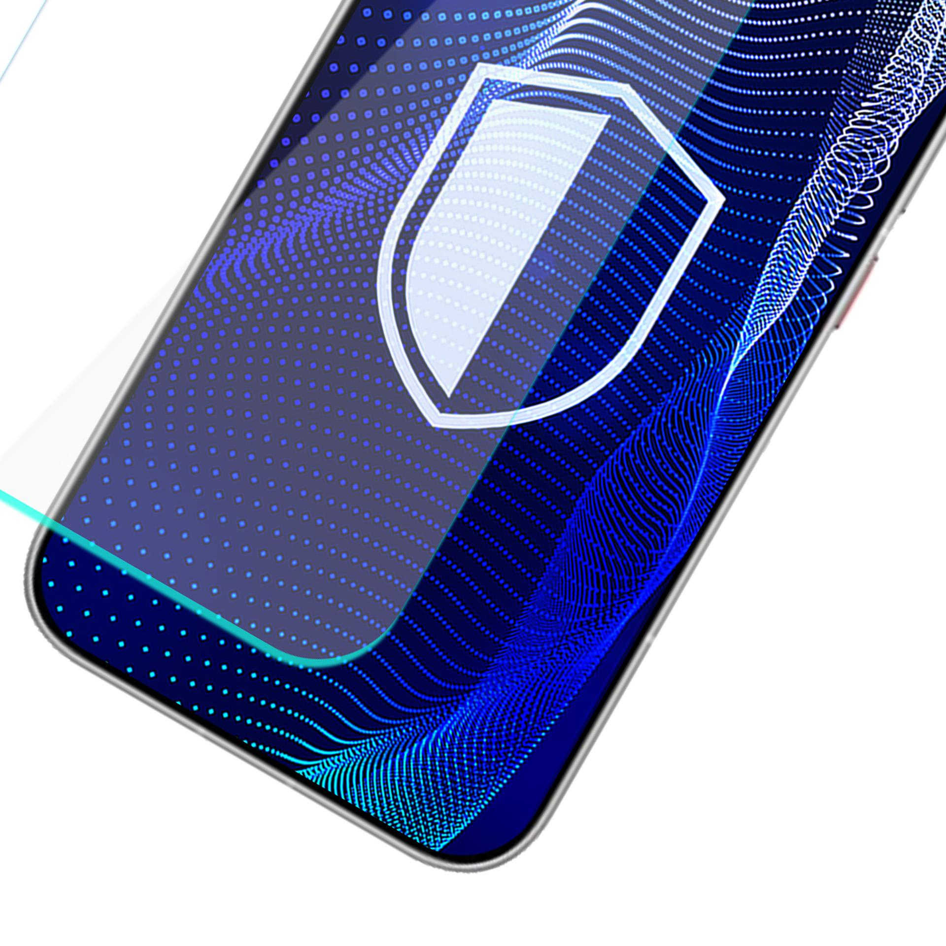 Smartfon wyświetla niebieski wzór w kropki i ikonę tarczy.