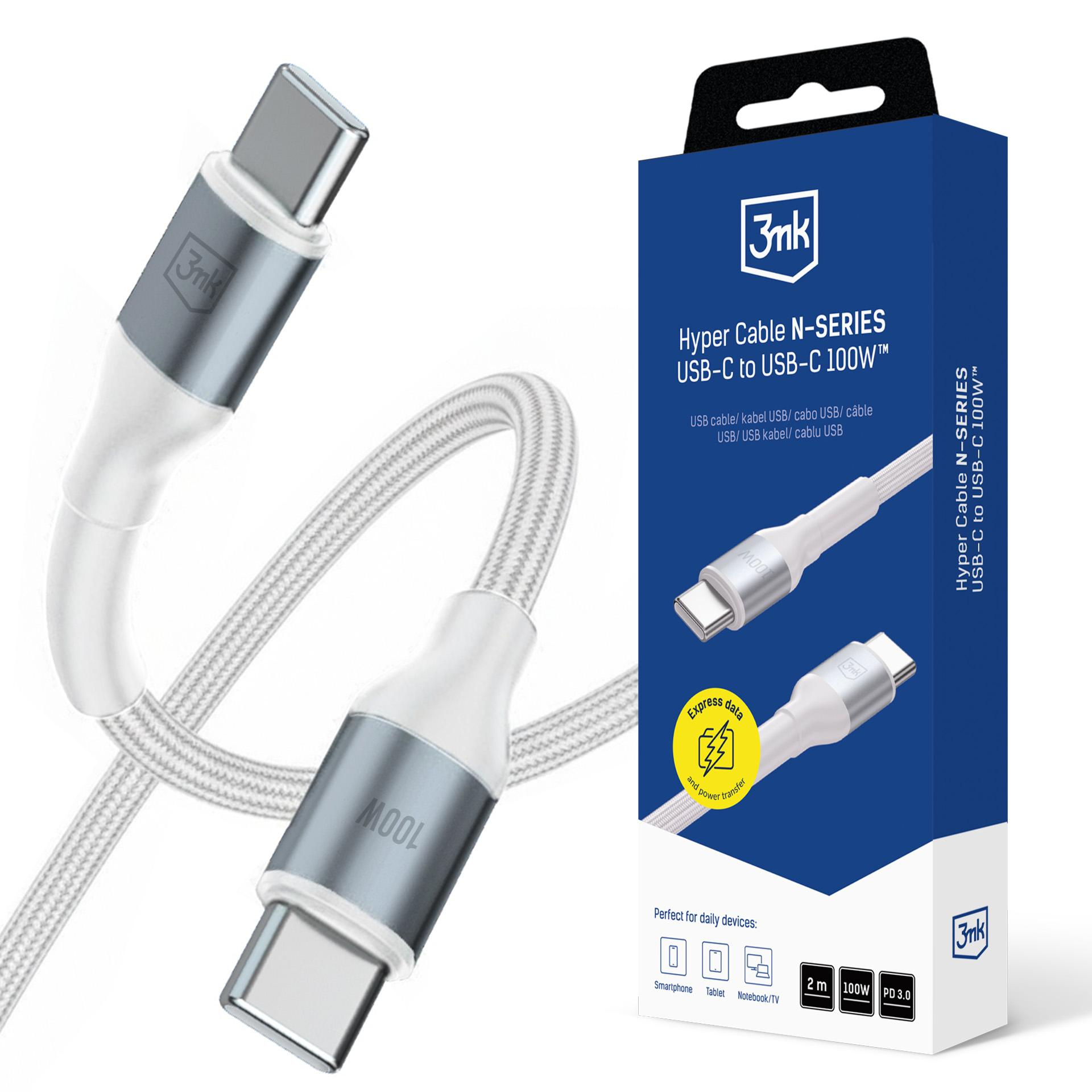 Un cavo USB-C bianco con connettori argentati e cavo intrecciato.