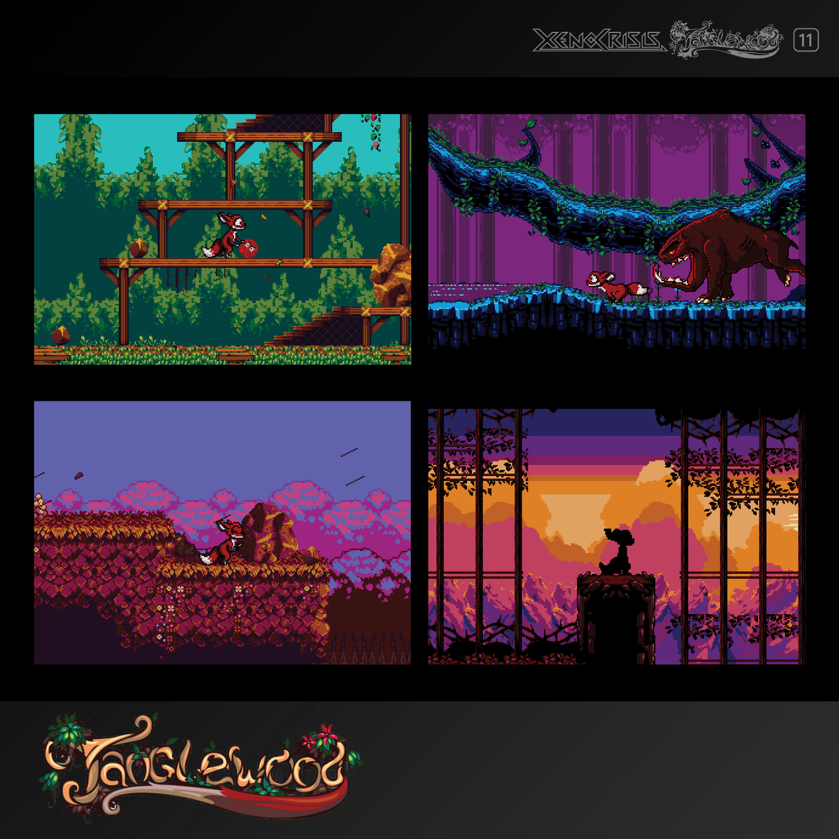 Gra pixel art z lisem w scenerii lasu, jaskini, wzgórza i zachodu słońca.