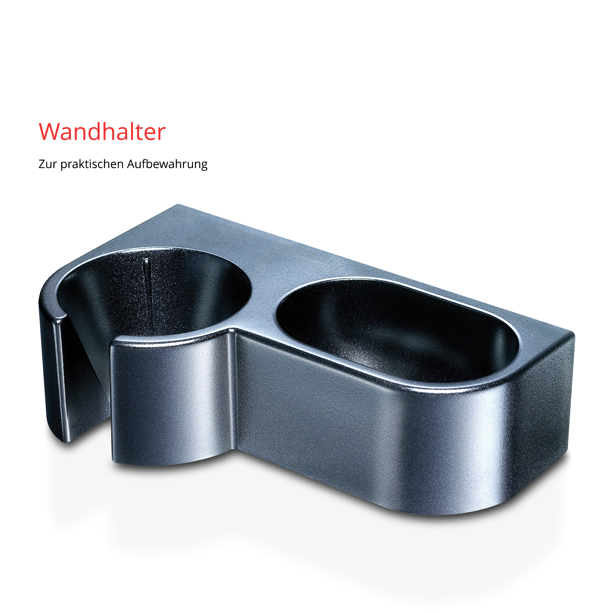 Ein dunkelgrauer Wandhalter mit zwei runden Aussparungen für die Aufbewahrung.