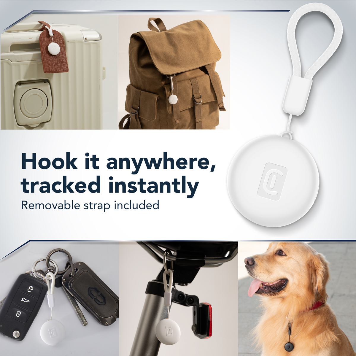 Ein heller Tracker an Gepäck, Rucksack, Schlüssel, Fahrrad und Hund.