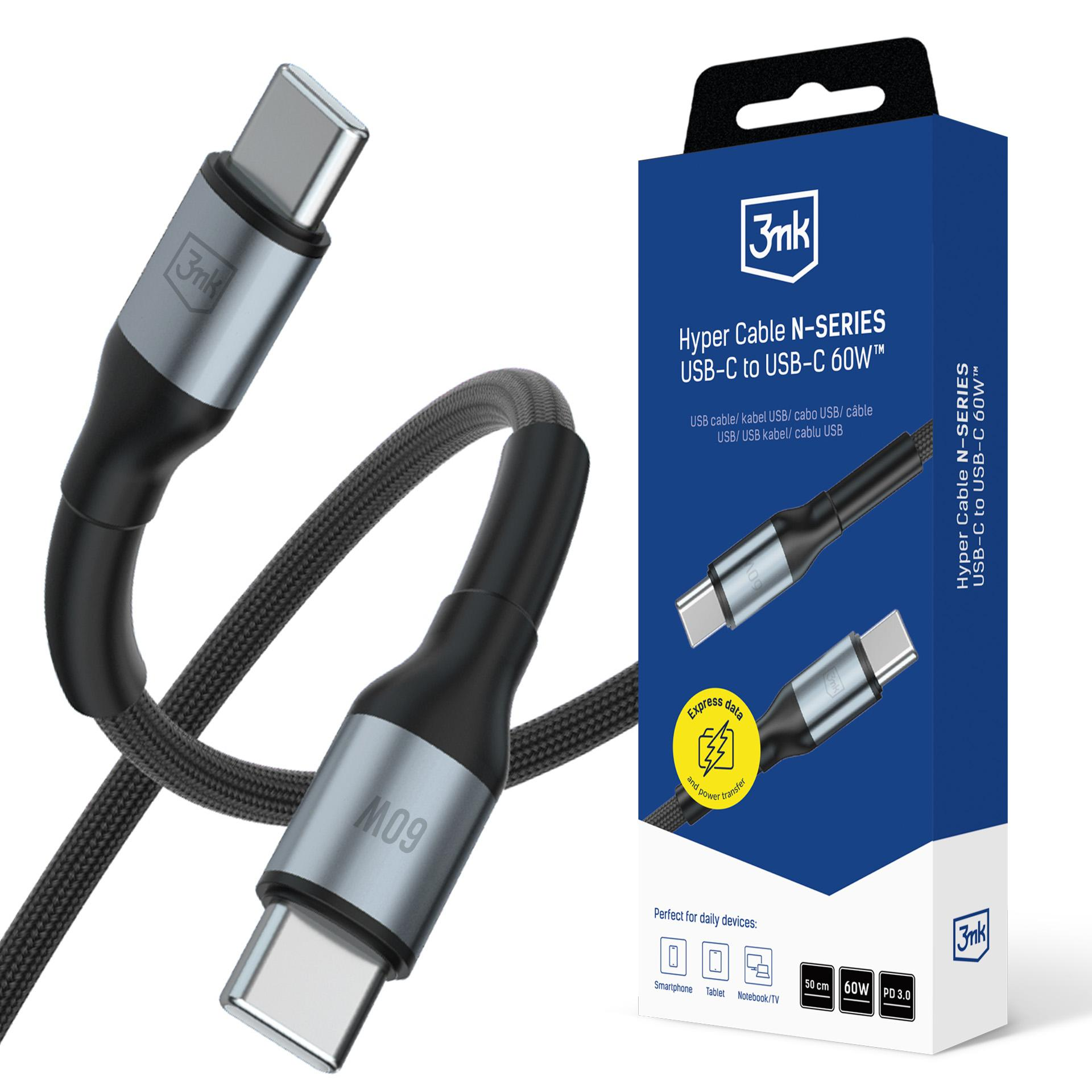 Cavo 3mk USB-C a USB-C, 60W, con ricarica rapida.