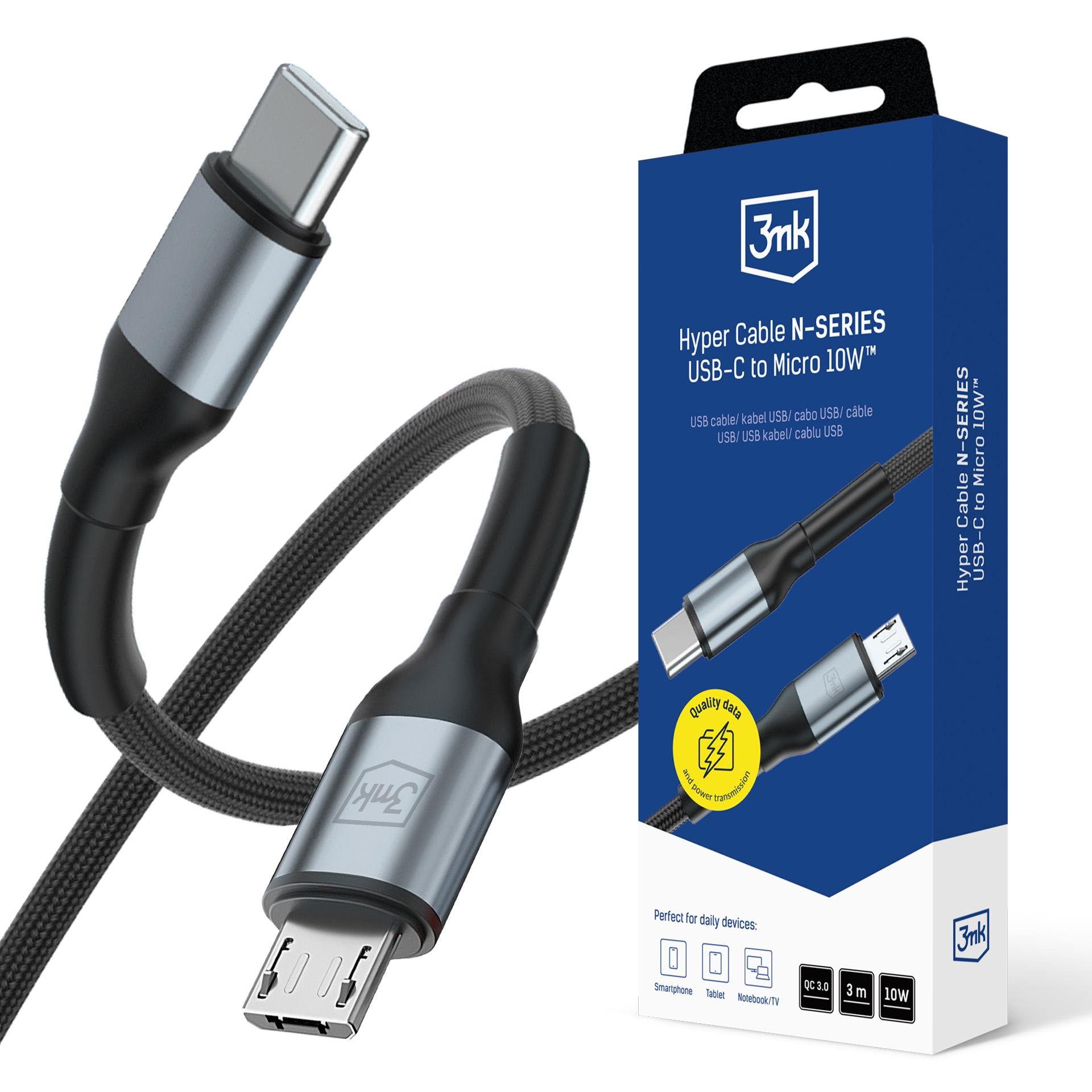 Un cavo USB-C a Micro grigio intrecciato, accanto alla sua confezione.
