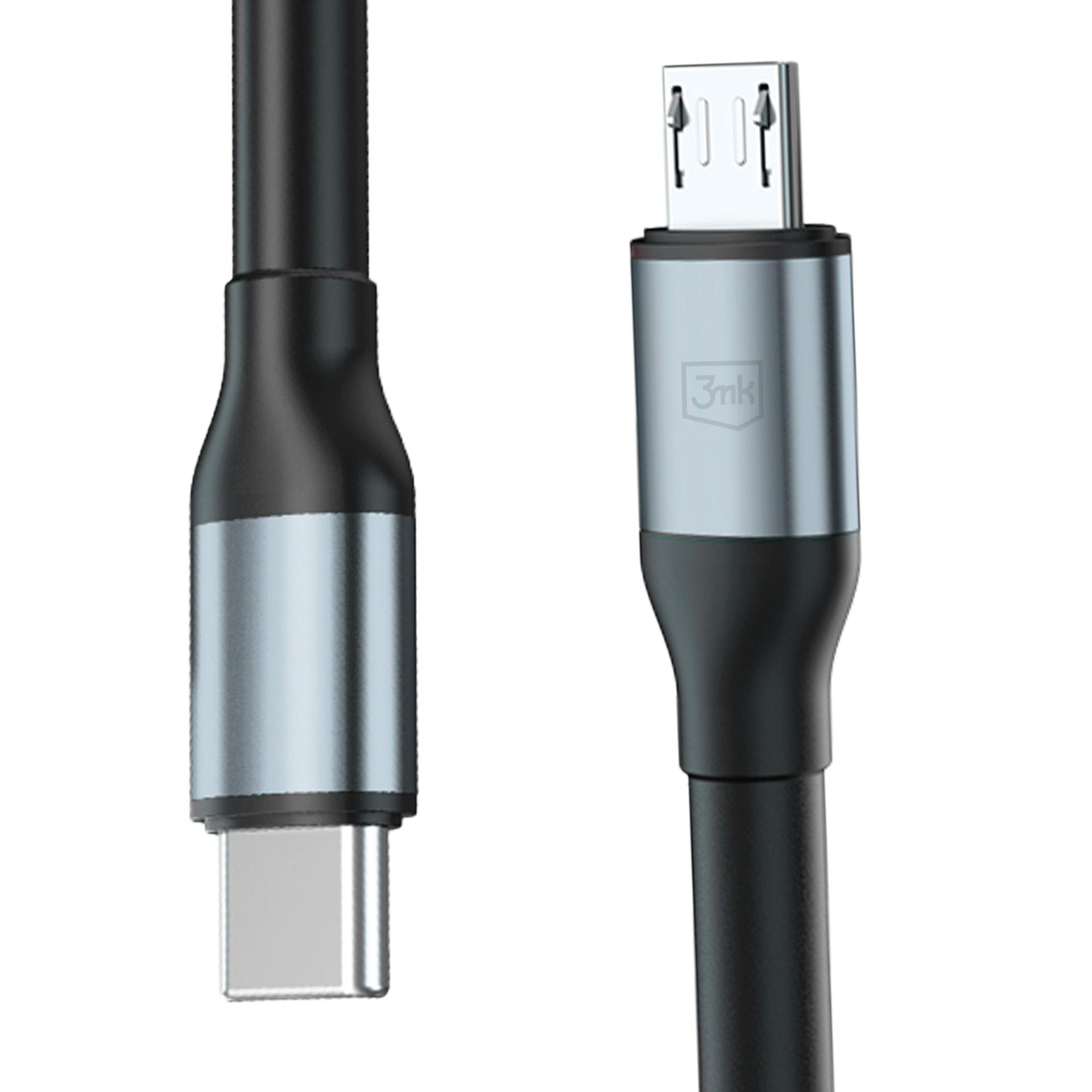 Un cavo USB-C e un micro-USB neri con alloggiamenti connettore argentati.