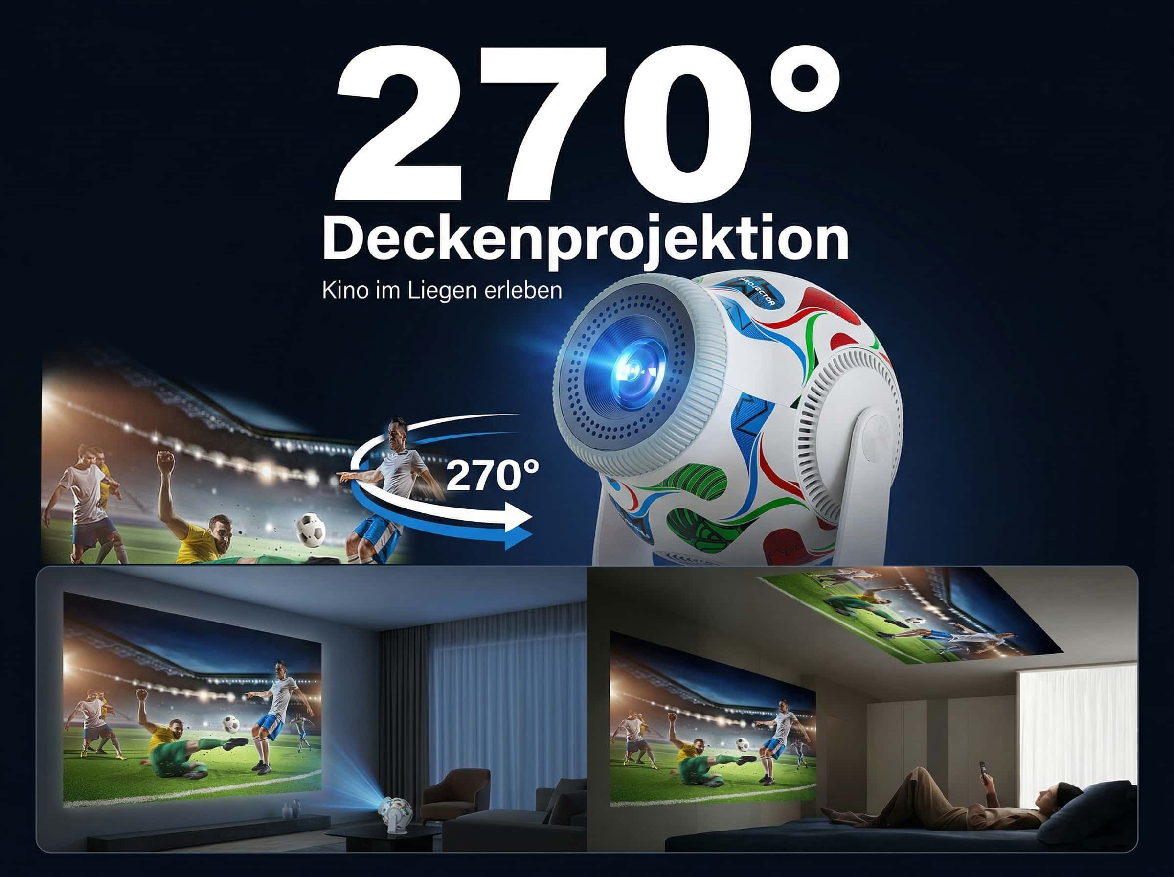 Projektor mit Fußballmuster projiziert ein Fußballspiel auf eine Decke und Wand.
