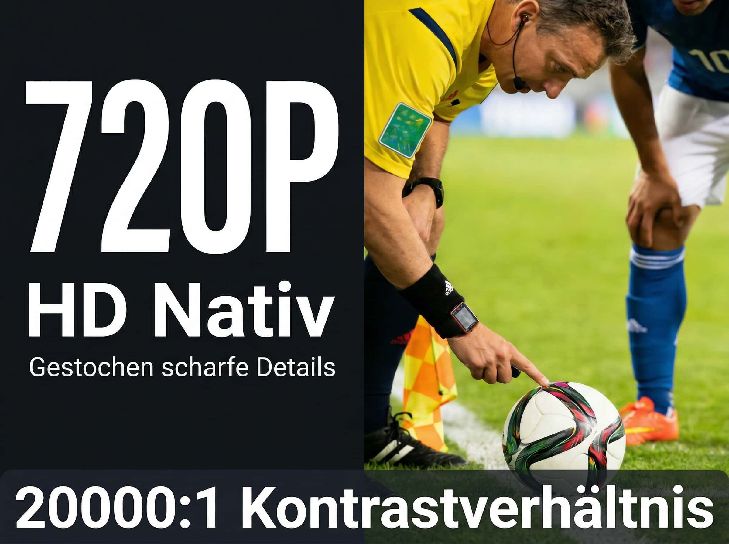 Ein Fußballschiedsrichter zeigt auf einen Ball. Text: 720p HD Nativ.