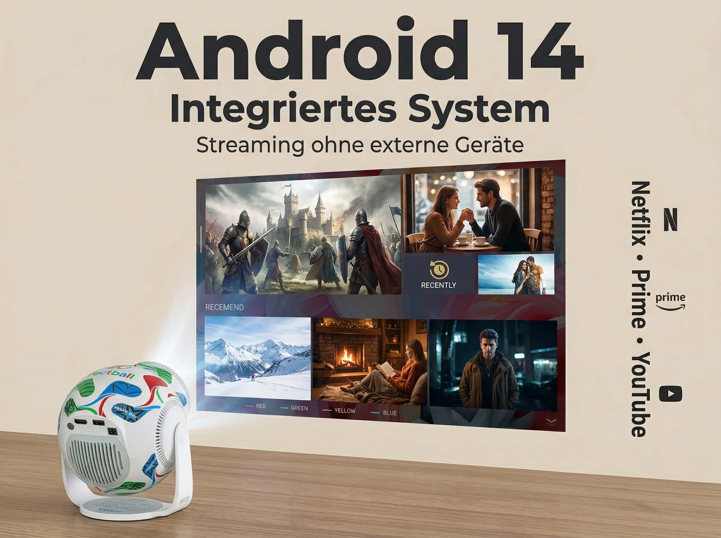 Android 14 System mit Projektor, zeigt Streaming-Apps und Szenen.