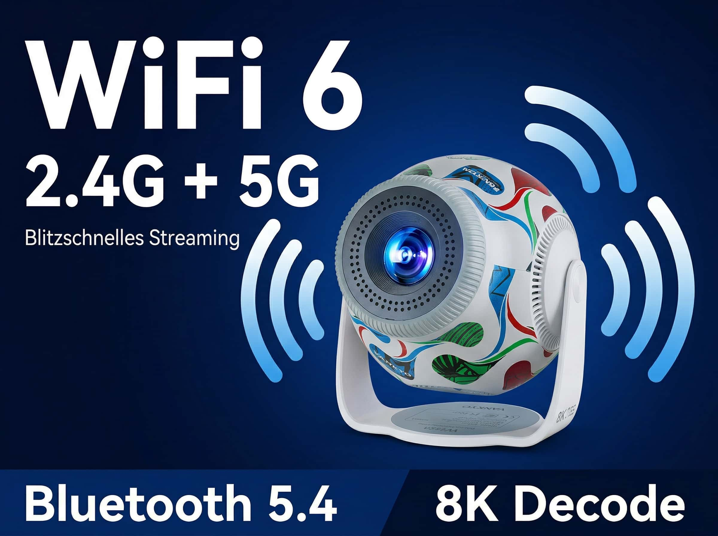 Ein weißer Projektor mit buntem Muster, WiFi 6 und Bluetooth 5.4.
