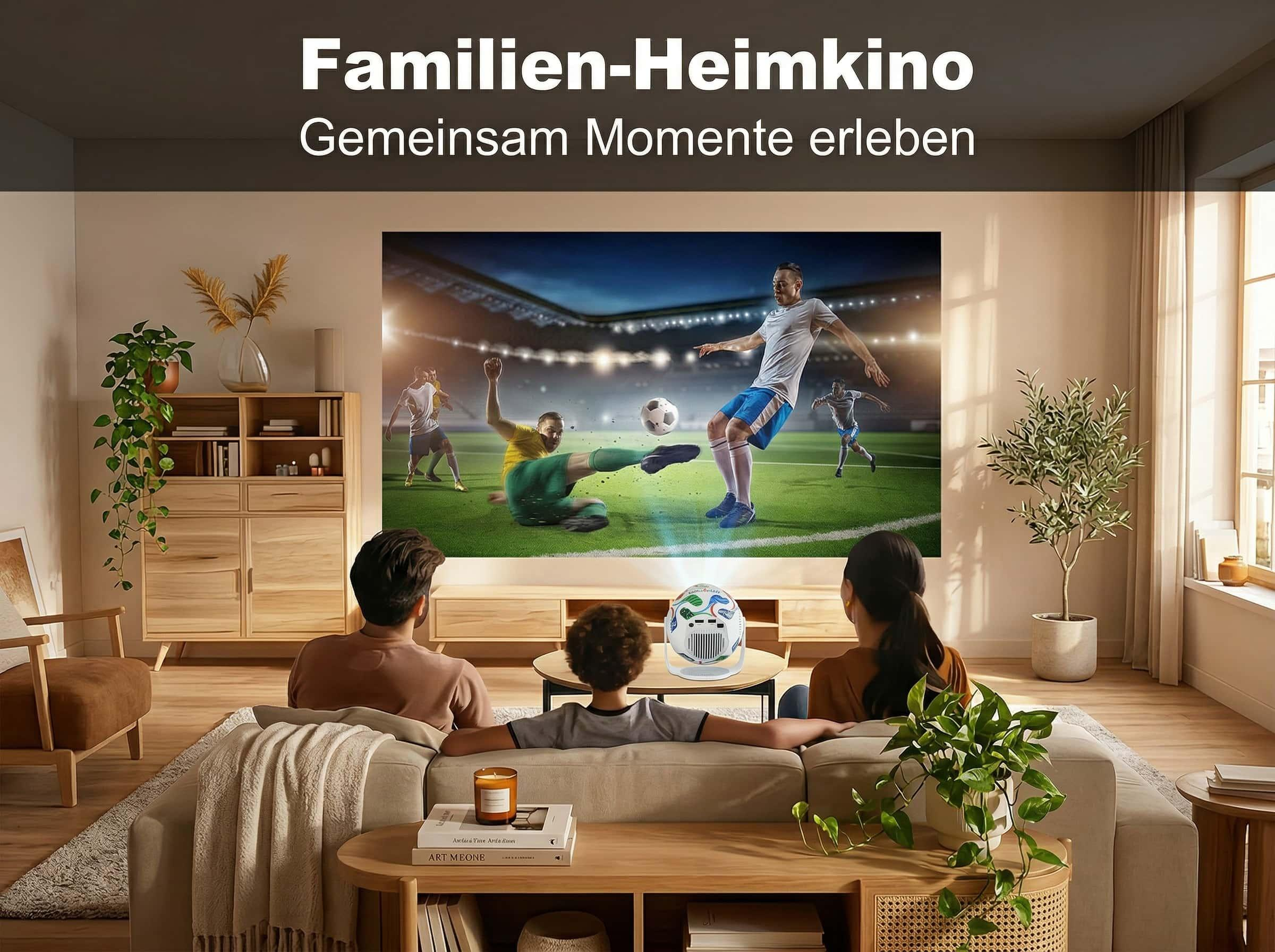Familie schaut Fu&szlig;ball auf einer gro&szlig;en Leinwand, Heimkino-Atmosph&auml;re.