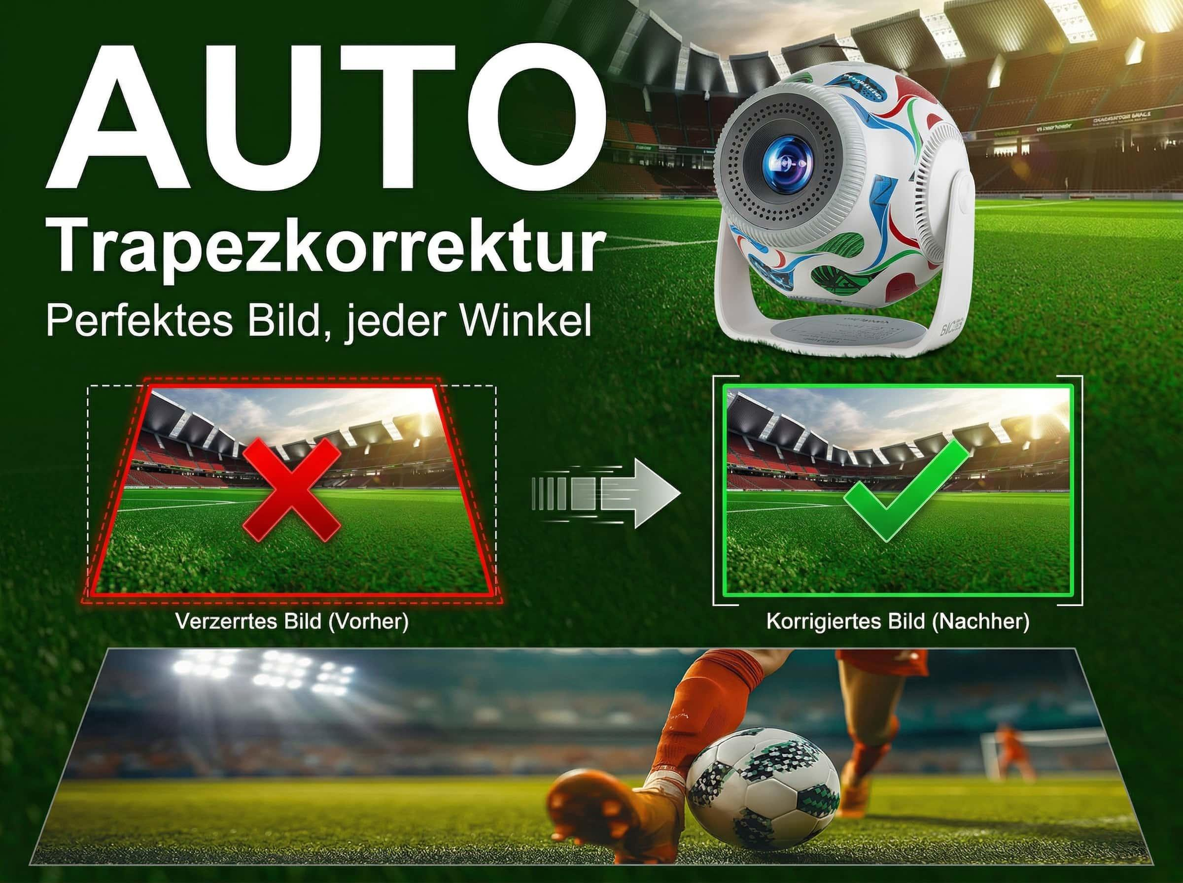 Projektor mit Fußballmotiv, der verzerrte und korrigierte Stadionbilder zeigt.