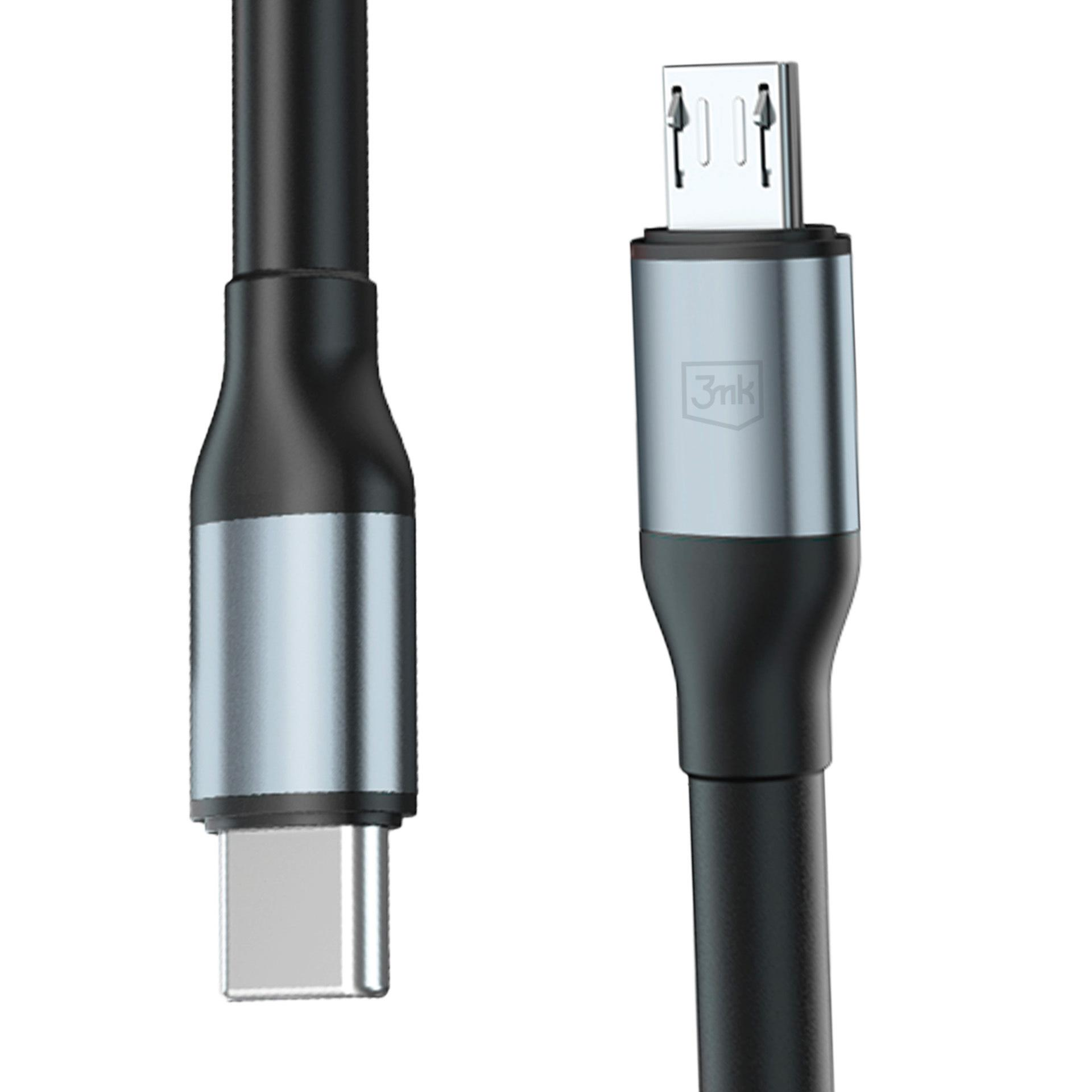 Zbliżenie czarnego kabla ładującego ze złączami USB-C i Micro-USB.