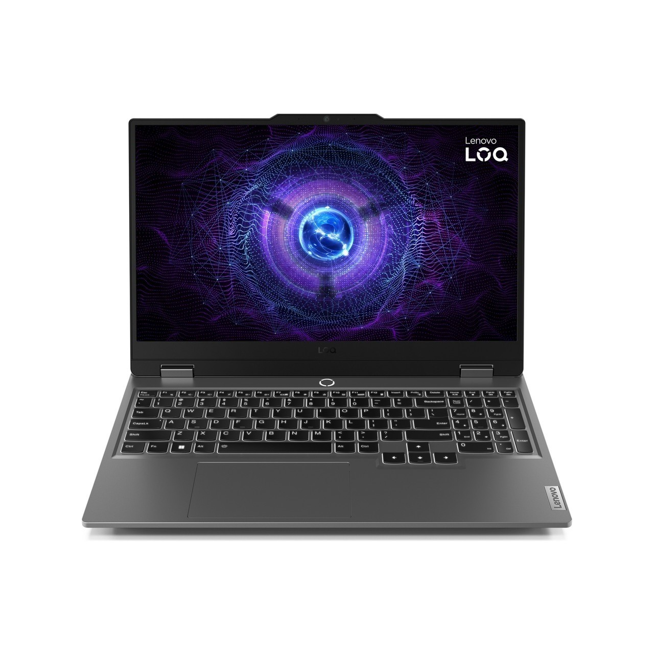 Ekranında mor ve mavi dijital daire bulunan gri bir Lenovo dizüstü bilgisayar.