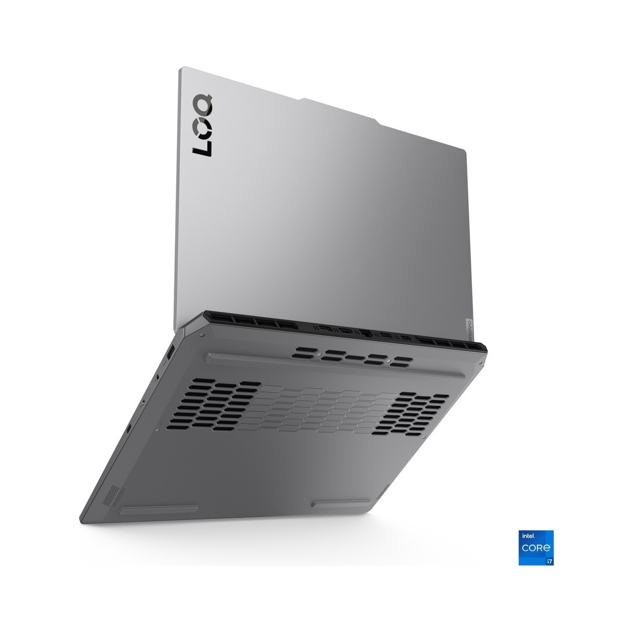 Gümüş renkli dizüstü bilgisayar, "LOQ" logosu, havalandırma delikleri ve Intel Core i7 etiketi.