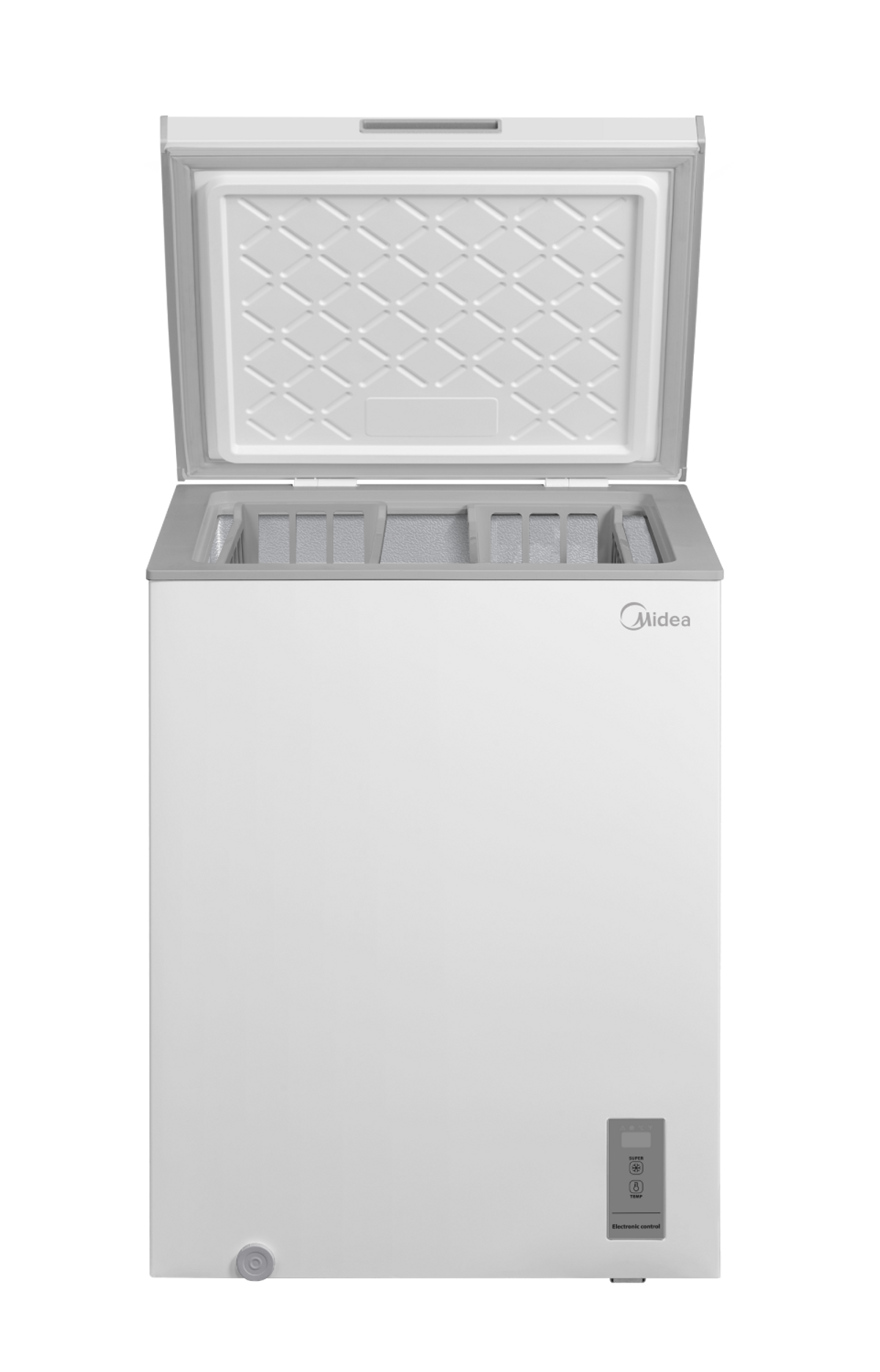 Un congelatore a pozzetto Midea bianco con il coperchio aperto, che mostra l'interno grigio.