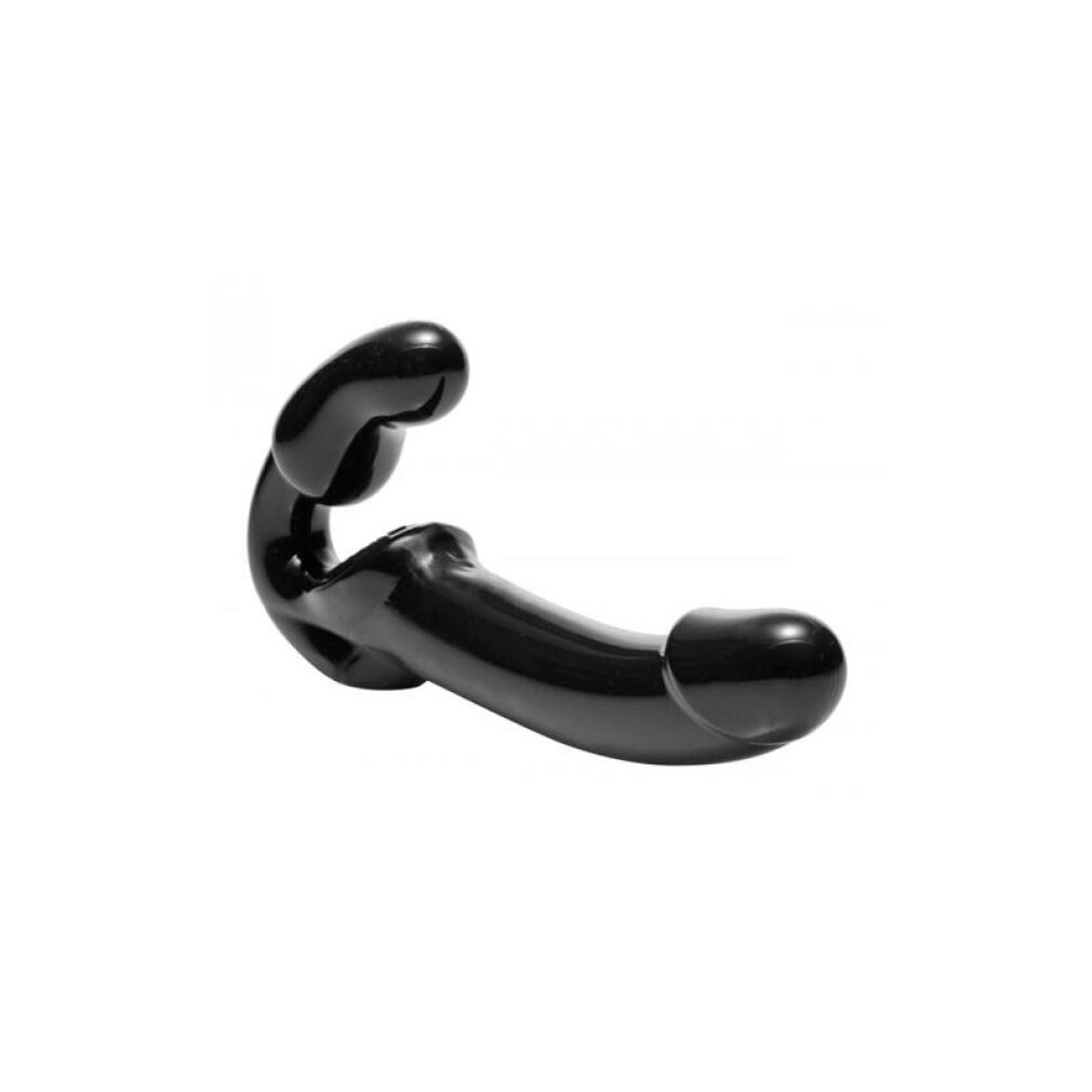 Ein glänzendes schwarzes Dildo-ähnliches Objekt mit einer gebogenen Form und einer Kappe.