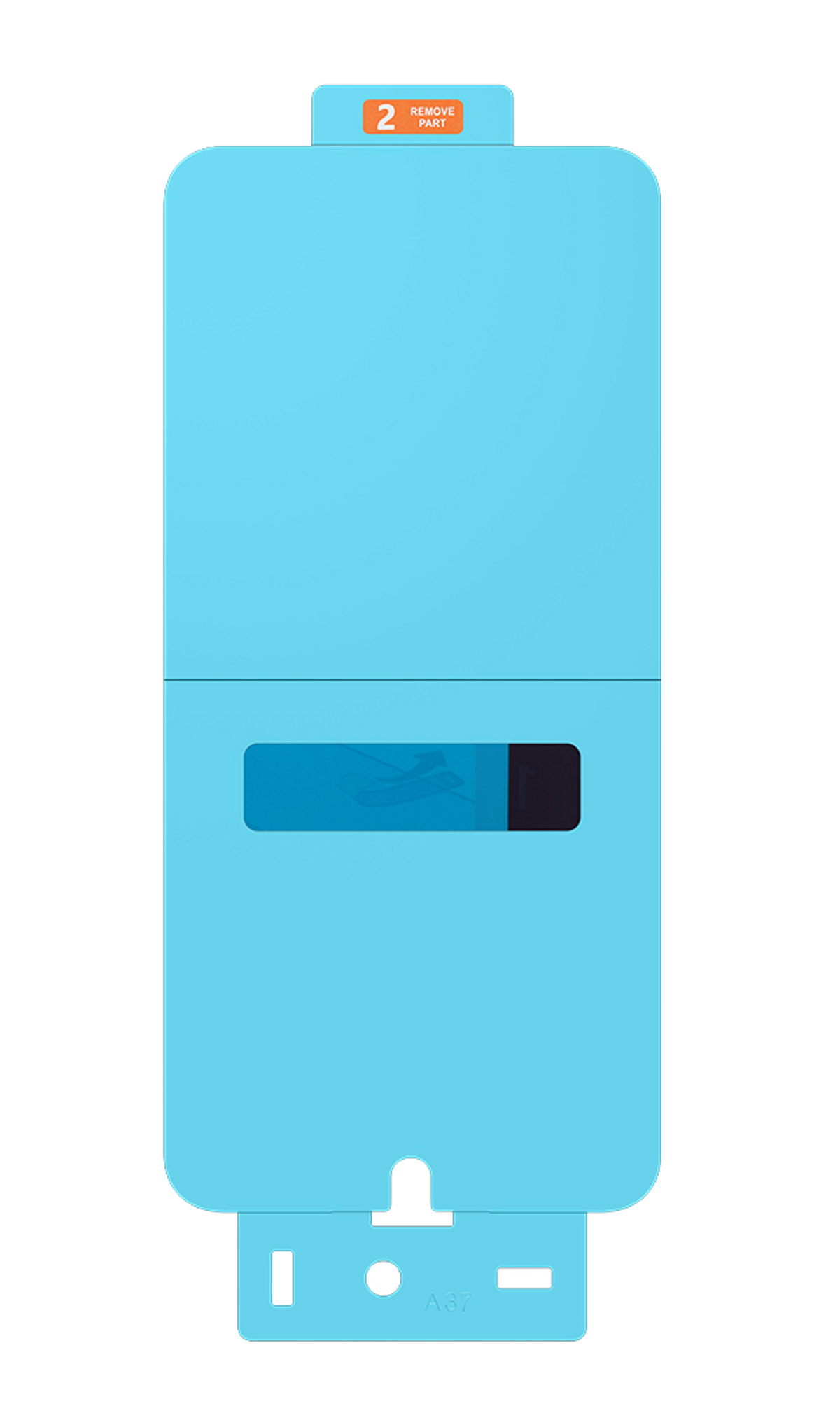 Emballage bleu clair avec languette orange "2 REMOVE PART" et une fenêtre.