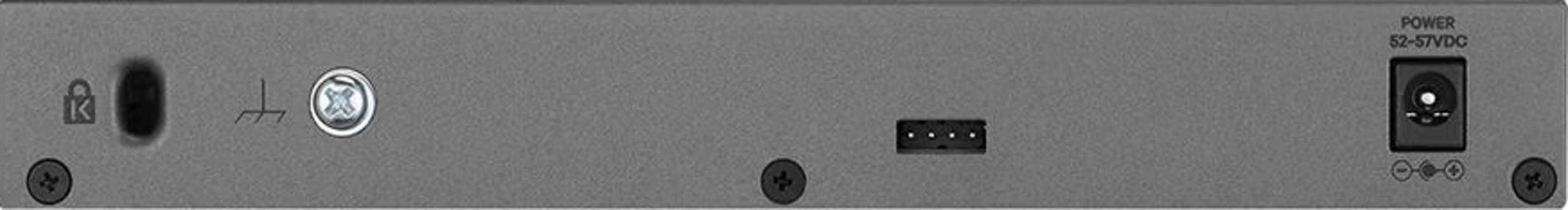Parte trasera de un dispositivo con puerto de alimentación, USB y bloqueo.