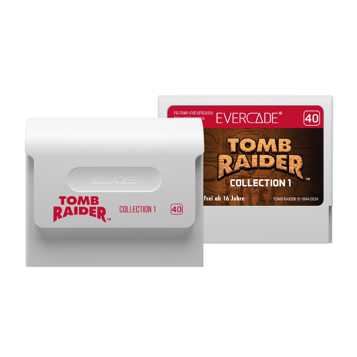 Dwa białe kartridże do gier obok siebie, jeden z napisem „Tomb Raider Collection 1“.