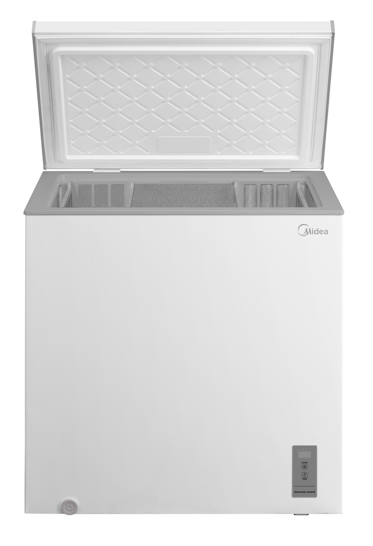 Un congelador horizontal blanco abierto con logo Midea y controles digitales.