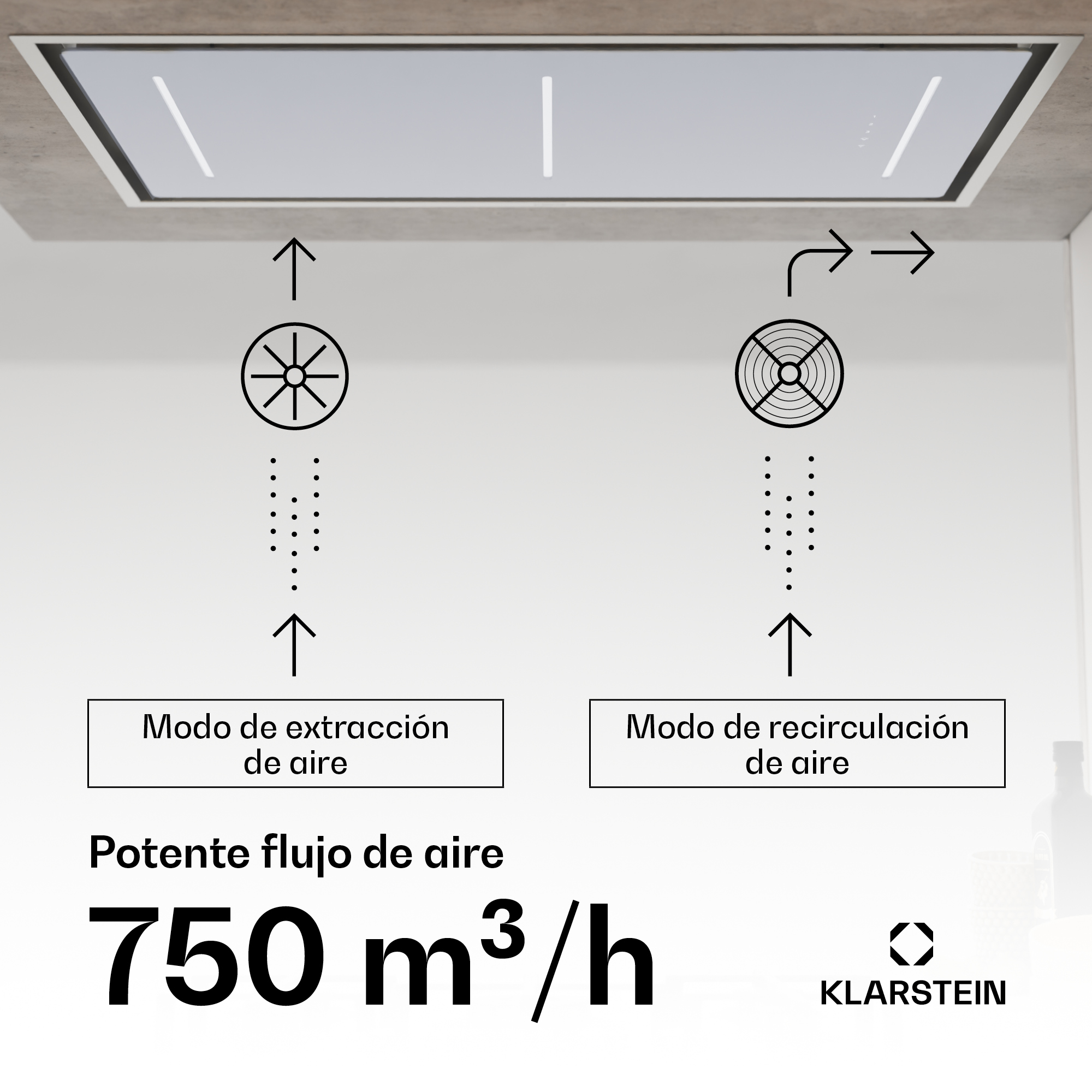 Abzugshaube mit zwei Modi: Abluft und Umluft. 750 m³/h Luftstrom.