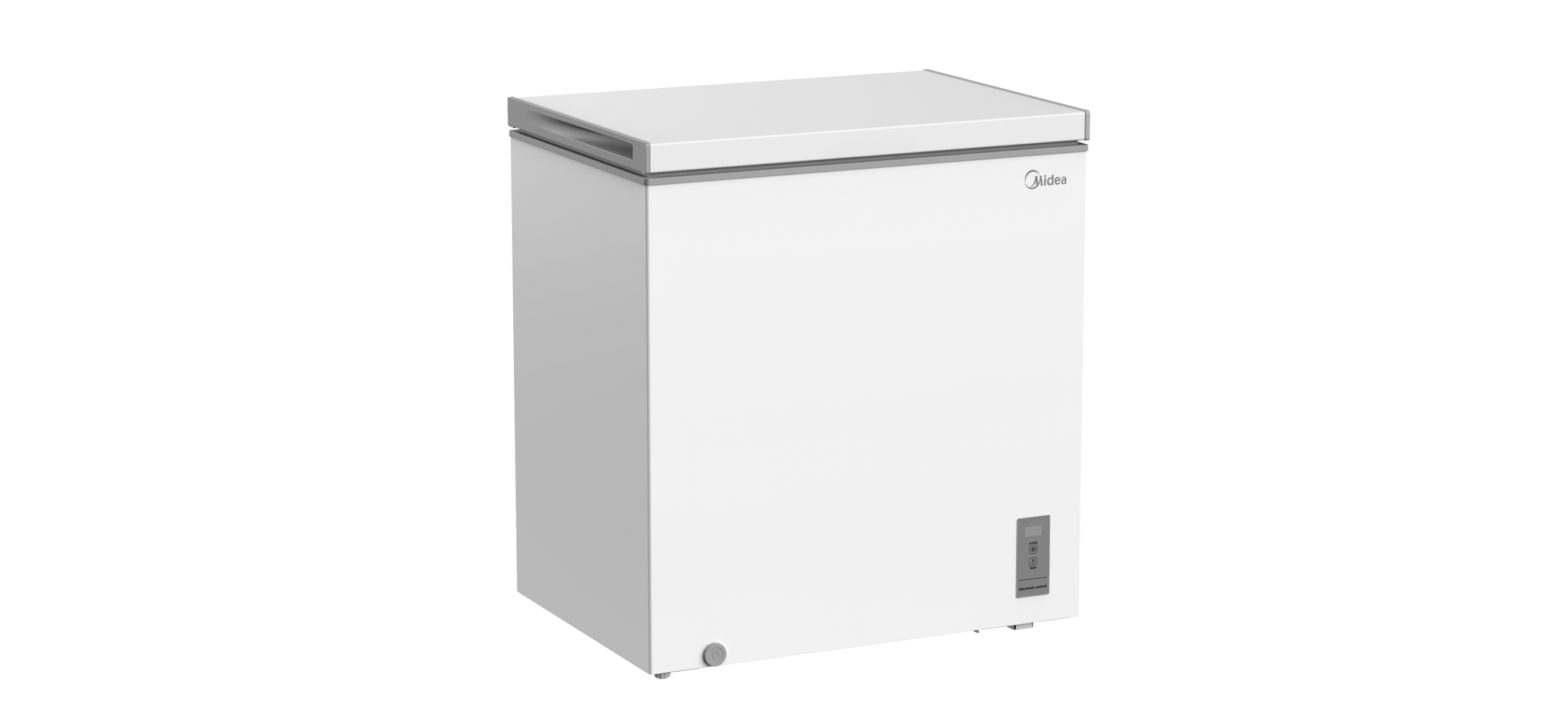 Un congelador horizontal blanco Midea con asa plateada y controles digitales.