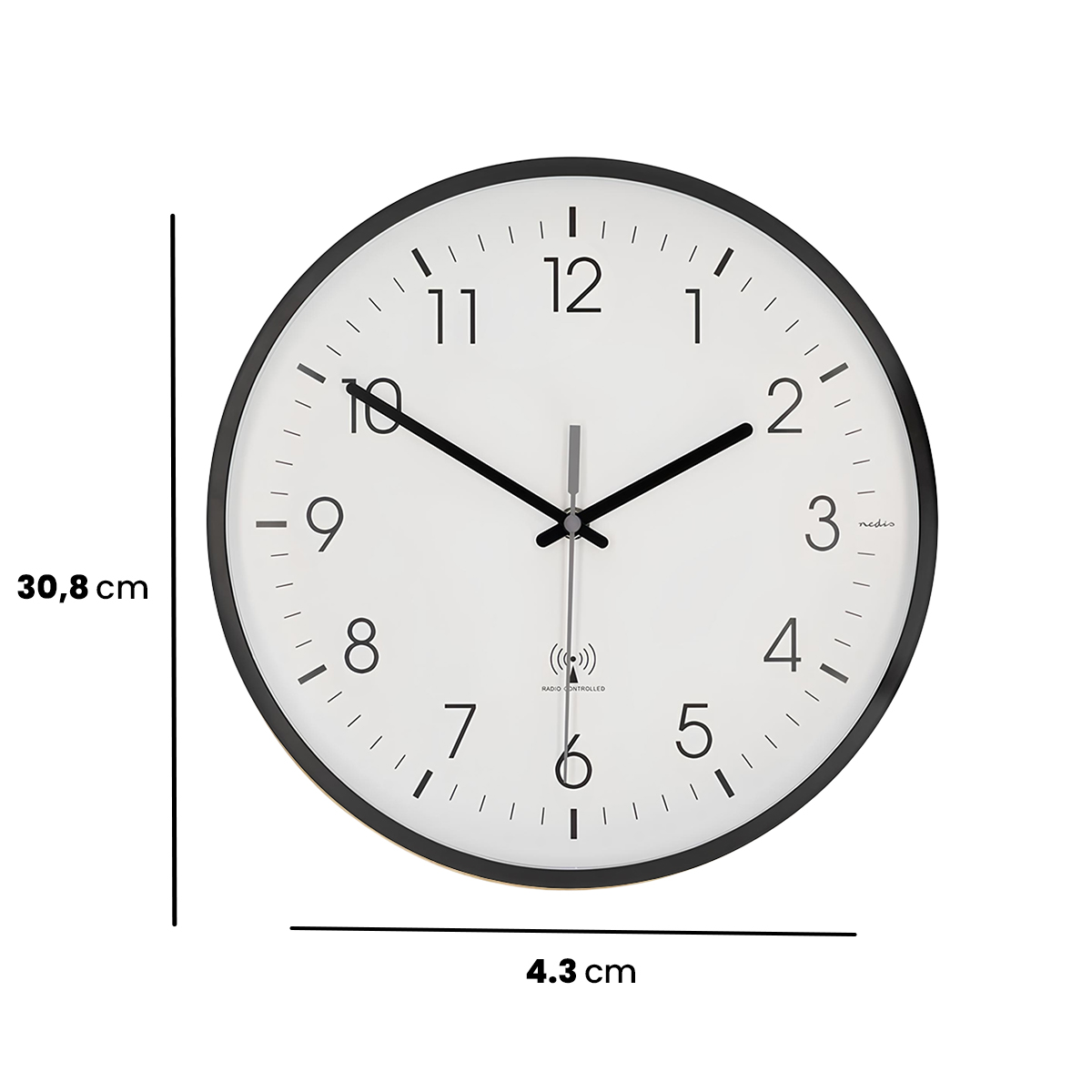 Eine weiße Wanduhr mit schwarzem Rahmen und Zifferblatt. Maße sind angegeben.