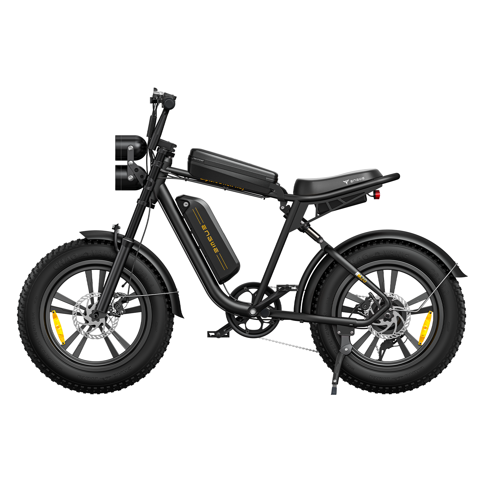 Schwarzes E-Bike mit dicken Reifen, Doppelscheinwerfern und integrierten Akkus.