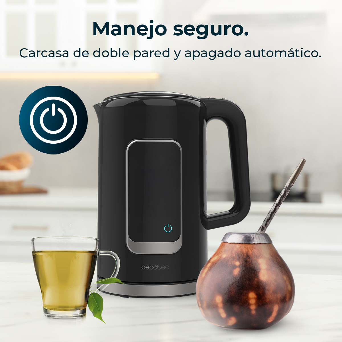 Bollitore nero con bicchiere di tè e zucca per mate. Icona di accensione.