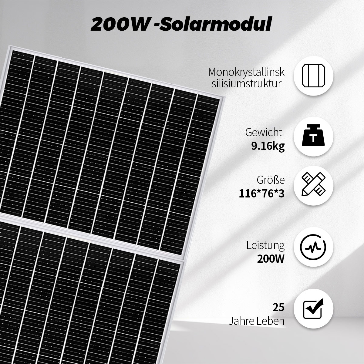 Ein 200W Solarmodul mit monokristalliner Siliziumstruktur, 9.16kg Gewicht, 116x76x3cm Größe.