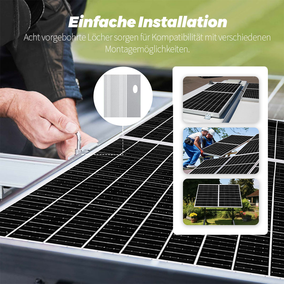 Mann installiert Solarpanels. Nahaufnahme einer Hand mit Werkzeug und Solarpanel-Detail.