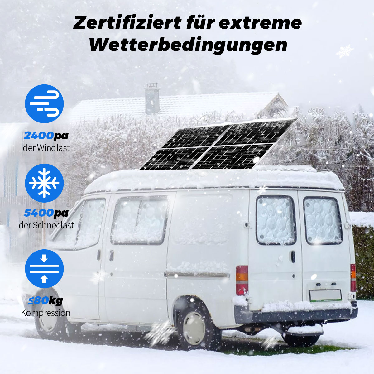 Weißer Transporter mit Solarmodulen im Schnee. Text: Zertifiziert für extreme Wetterbedingungen.