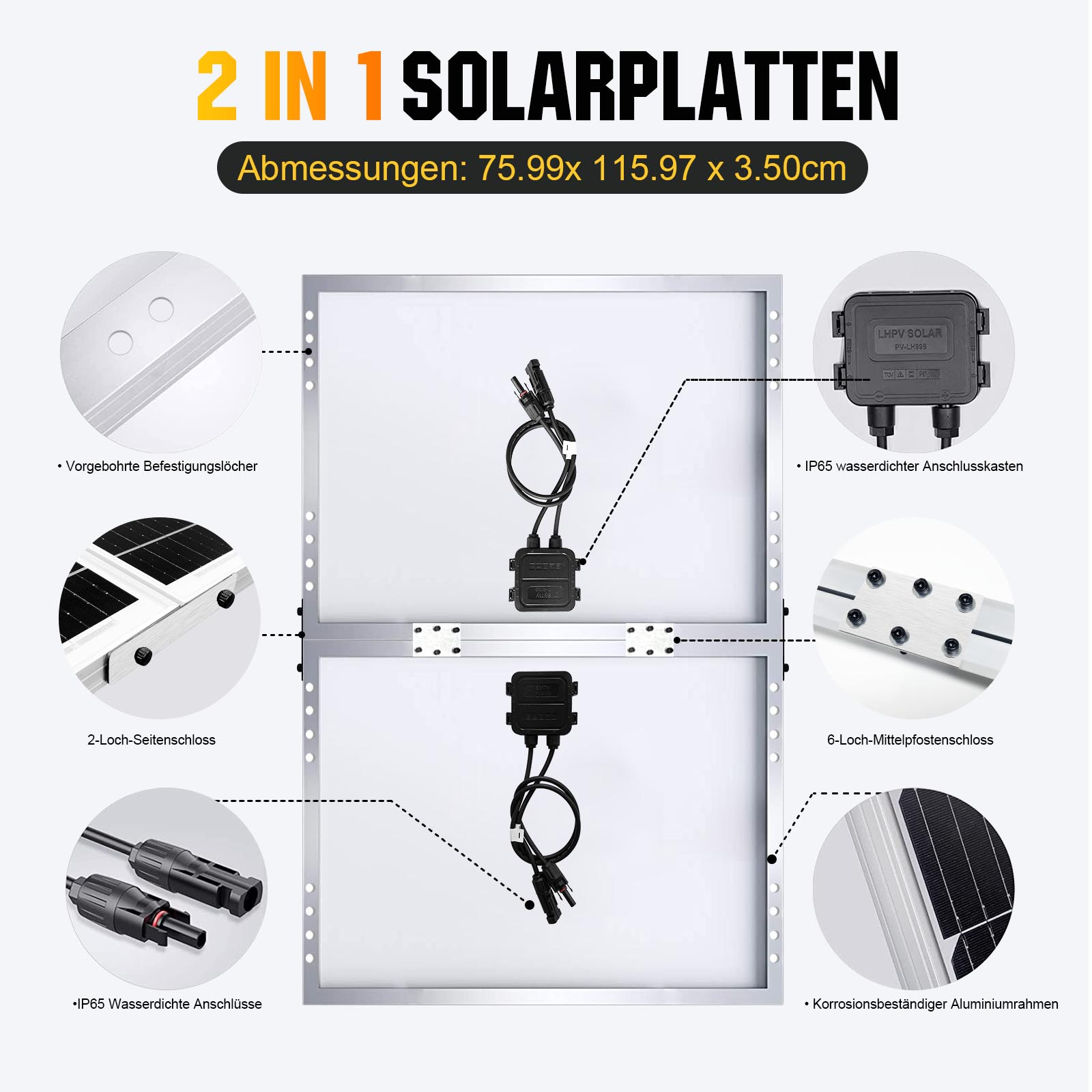Zwei Solarmodule mit Anschlusskasten, Kabeln und Befestigungslöchern.