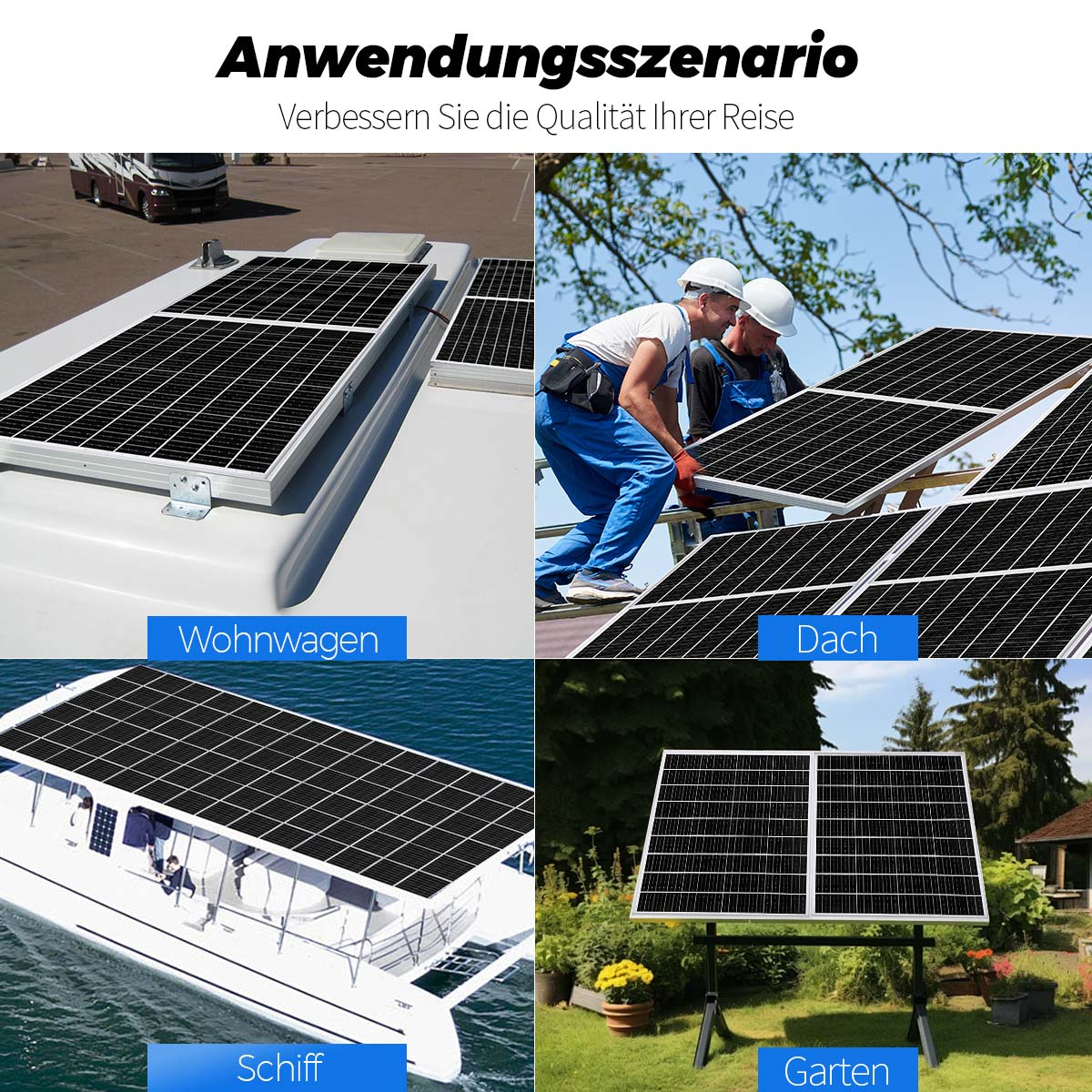Vier Bilder zeigen Solarmodule auf Wohnwagen, Dach, Schiff und im Garten.