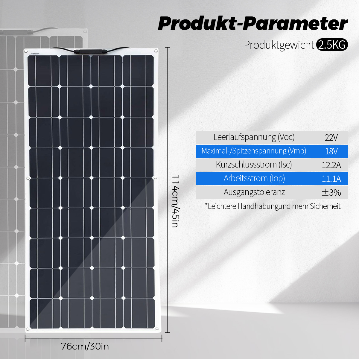 Ein 76x114cm Solarmodul mit technischen Daten und 2.5kg Gewicht.