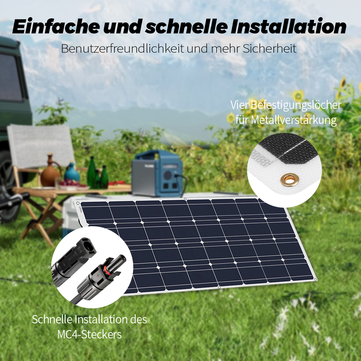 Solarpanel im Freien, mit einem Wohnmobil und Bergen im Hintergrund.