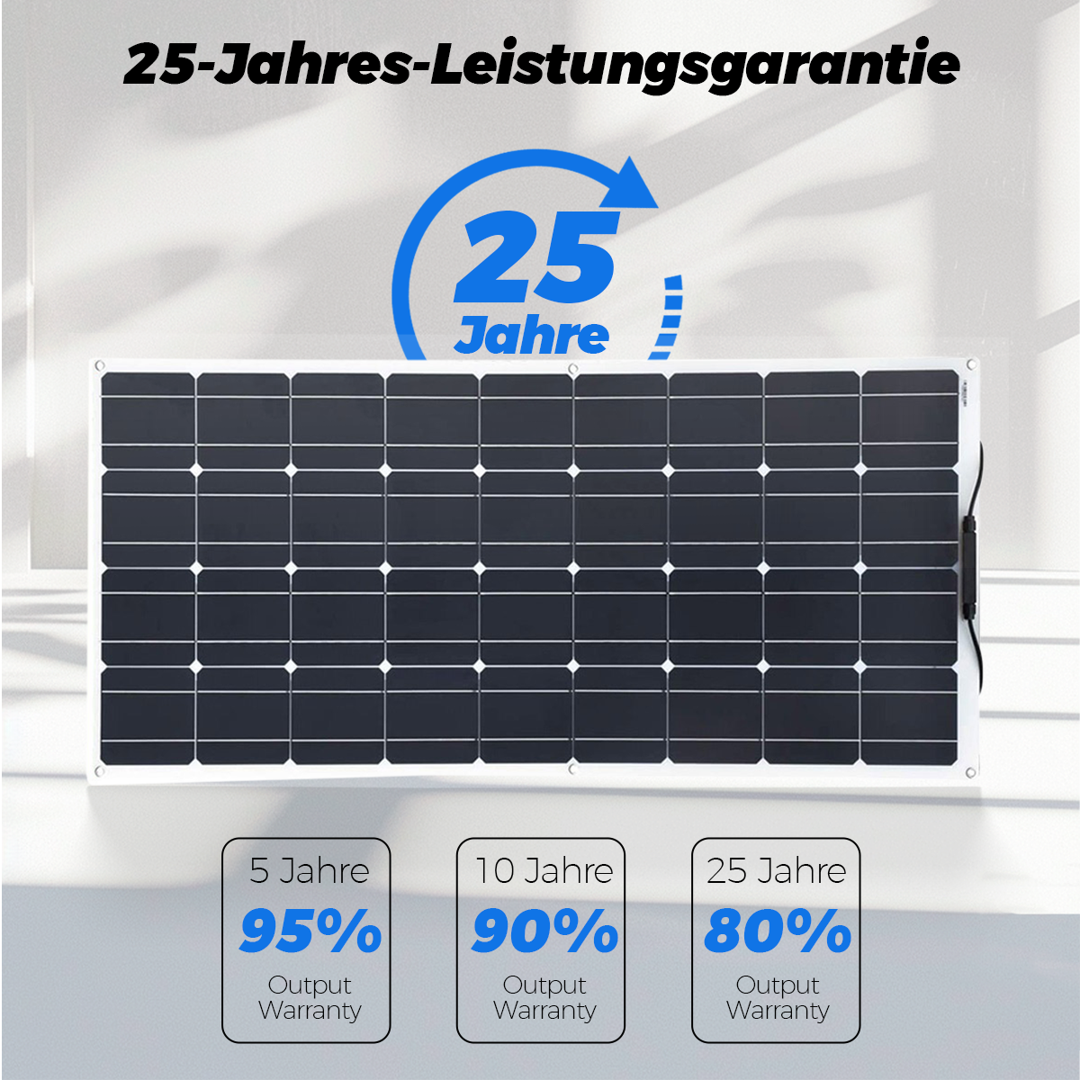 Solarmodul mit 25 Jahre Leistungsgarantie und Garantie-Staffelung.