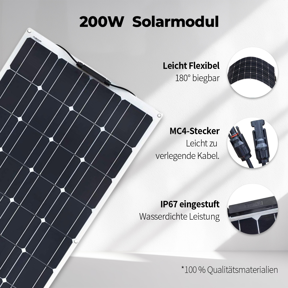 200W Solarmodul, flexibel, MC4-Stecker, IP67 wasserdicht.