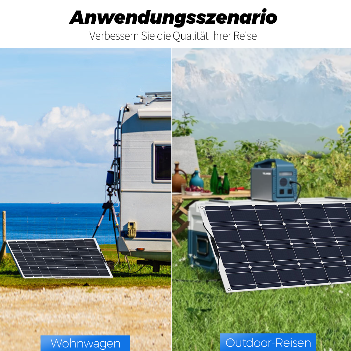 Solarpanel neben Wohnwagen am Meer und im Freien mit Bergen.