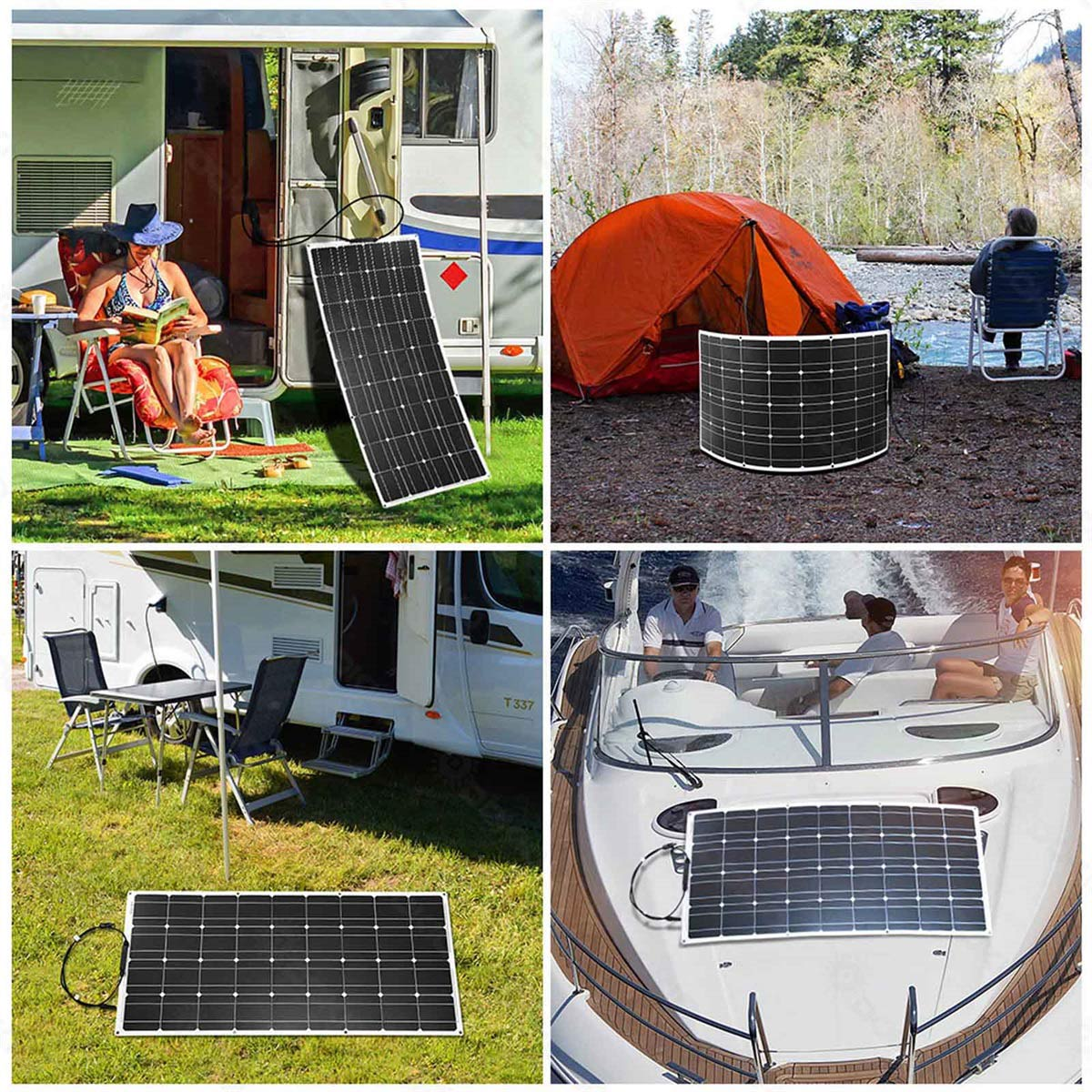 Solarmodule werden neben Wohnmobil, Zelt und Boot gezeigt.