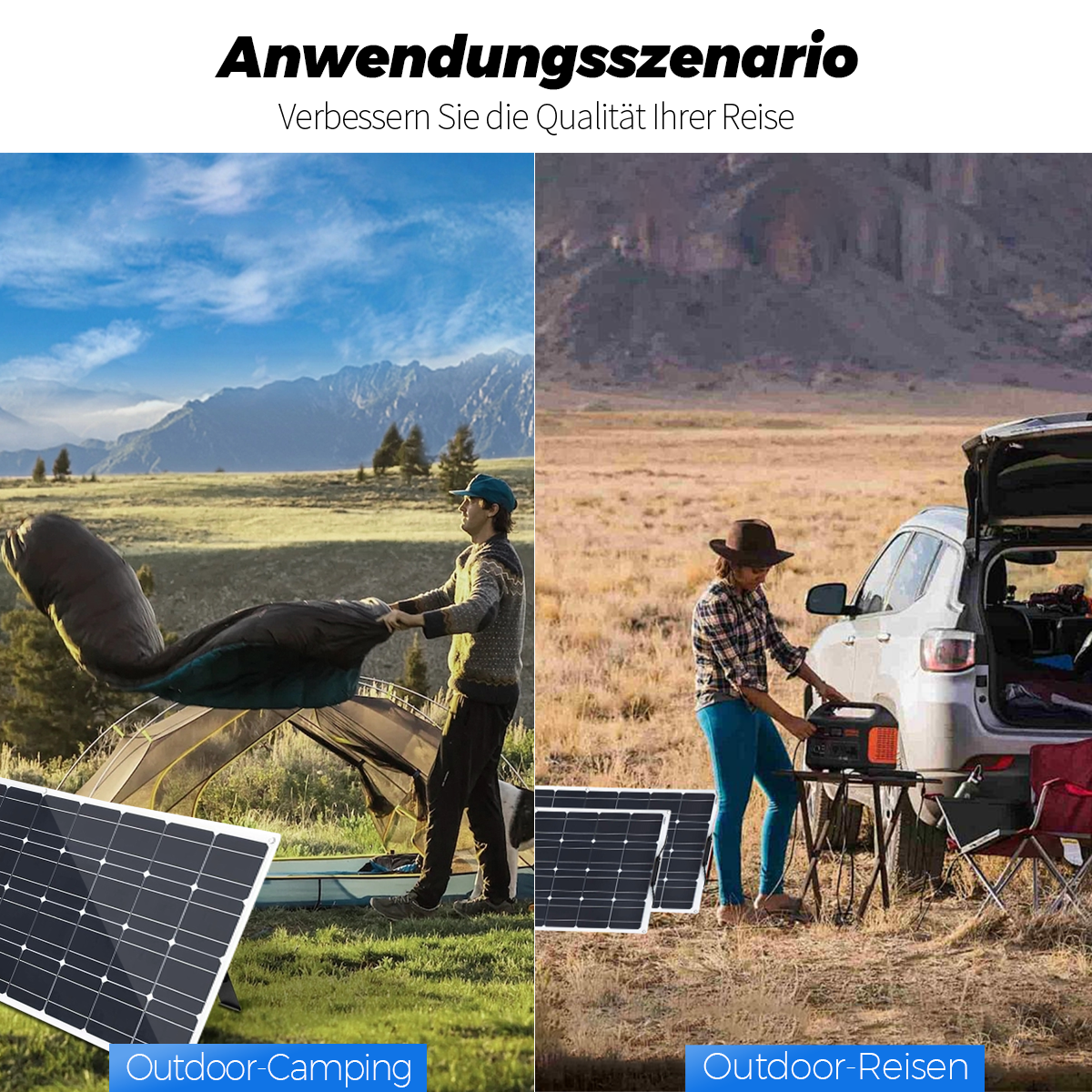 Zwei Szenen: Camping mit Zelt & Solarpanel, Reisen mit Auto & Solarpanel.