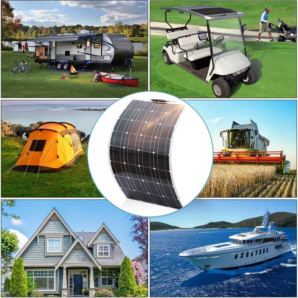 Collage zeigt Wohnmobil, Golfwagen, Zelt, Solarzelle, Mähdrescher, Haus, Yacht.