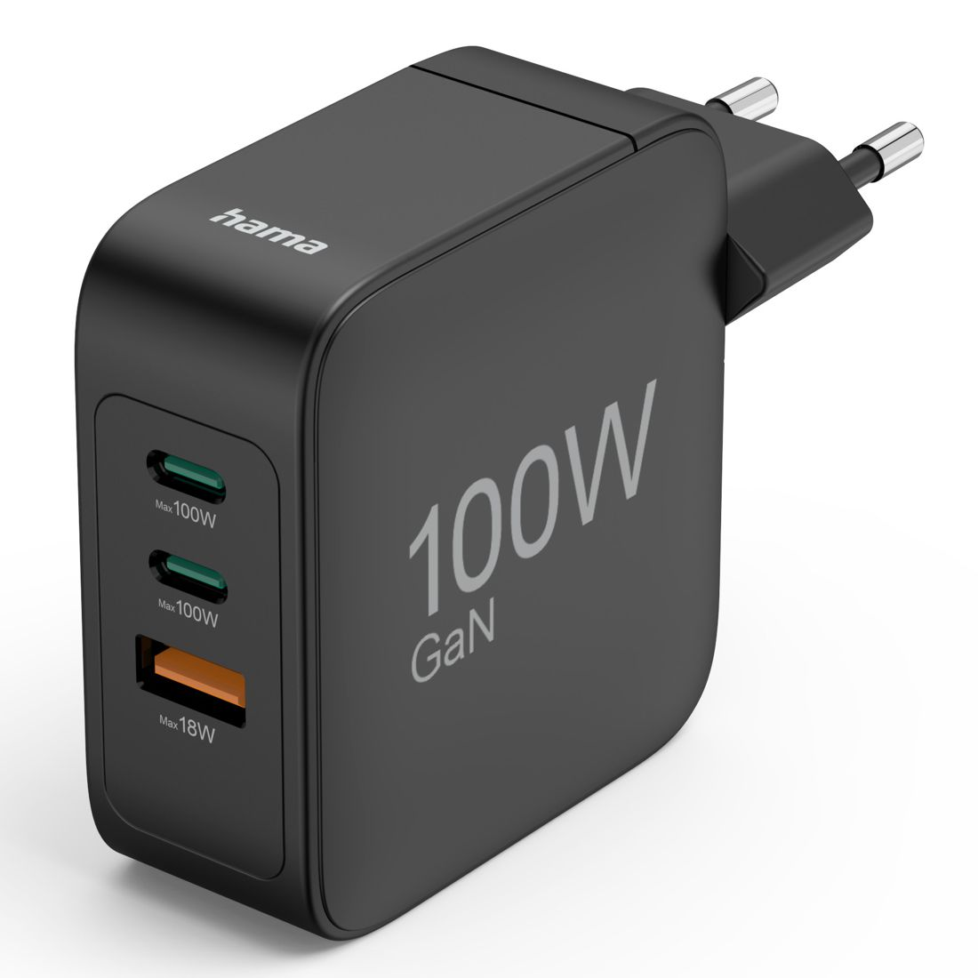Schwarzes Hama 100W GaN Netzteil mit 2x USB-C und 1x USB-A Port.