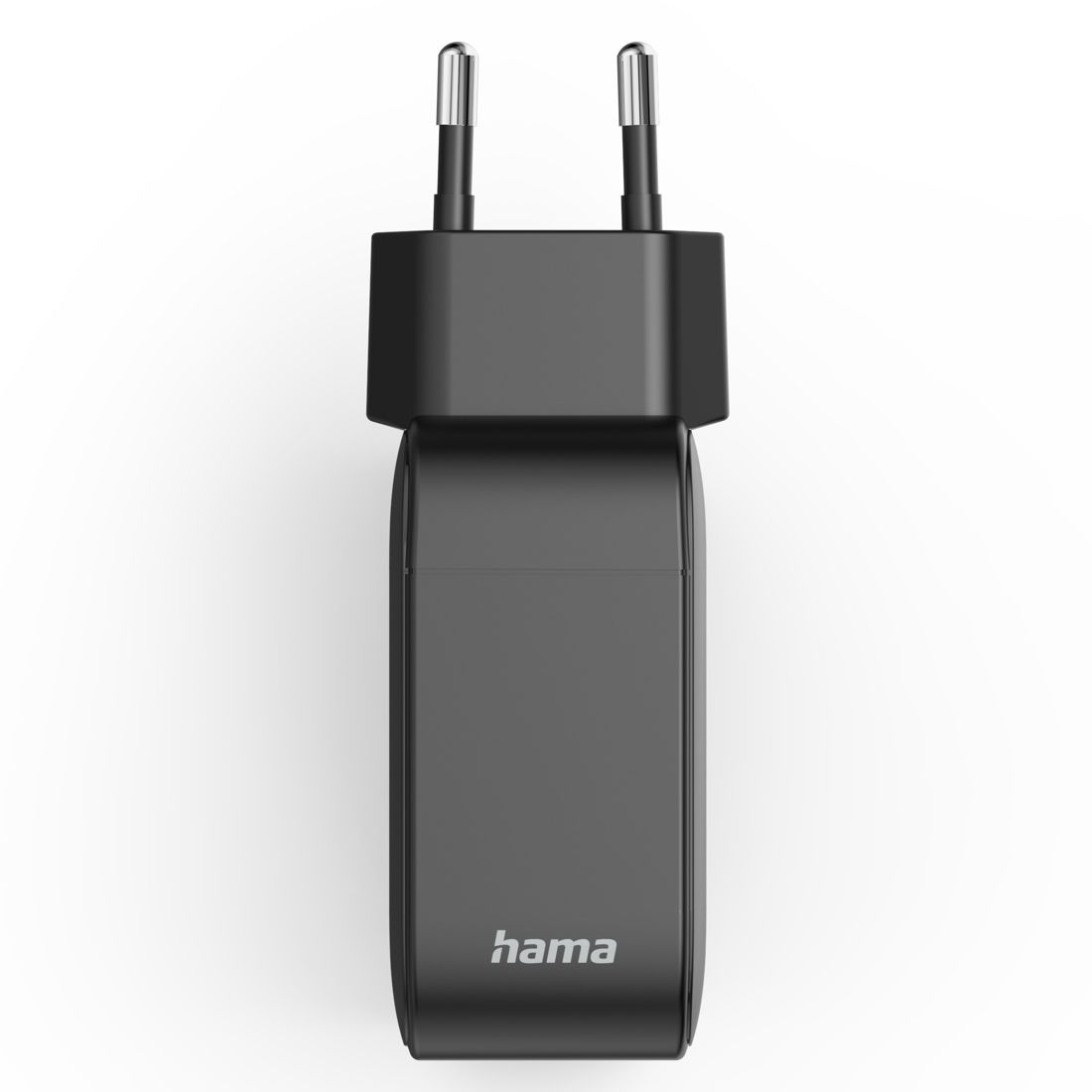 Schwarzer Hama-Steckeradapter mit zwei silbernen Stiften, auf weißem Hintergrund.