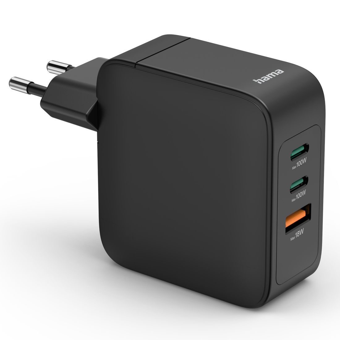 Schwarzes Hama-Ladegerät mit zwei USB-C-Anschlüssen (100W) und einem USB-A-Anschluss (18W).