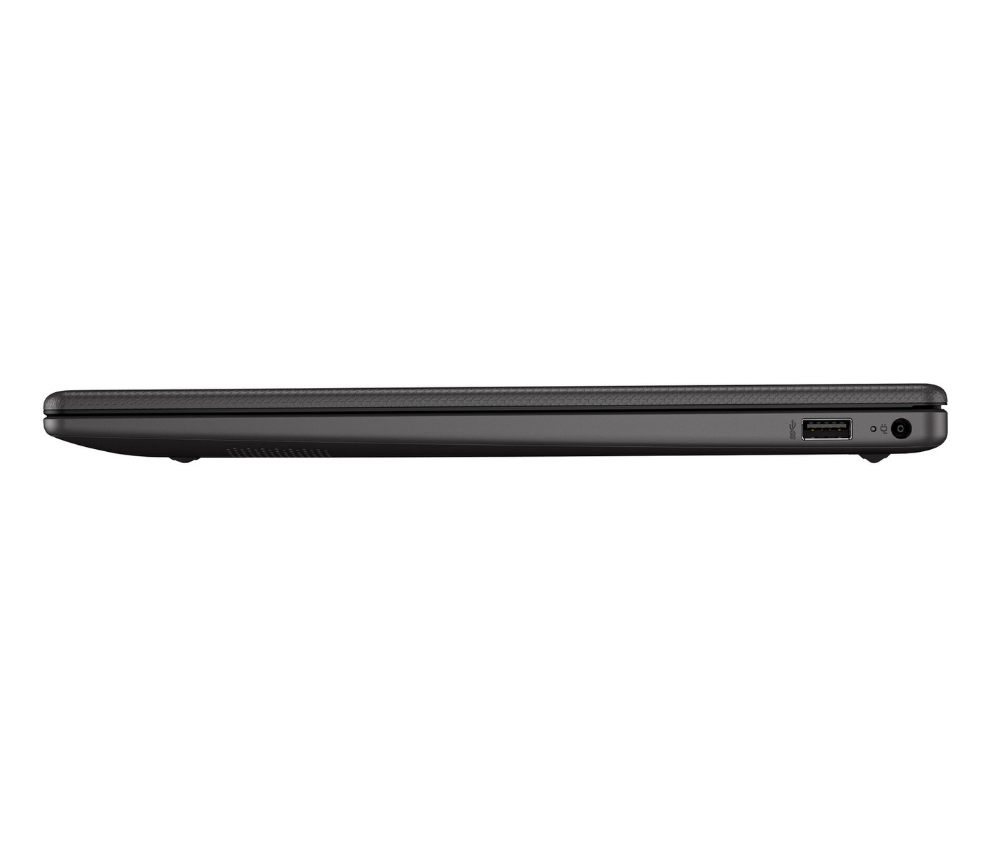 Vista lateral de portátil negro con puerto USB y conector de alimentación.