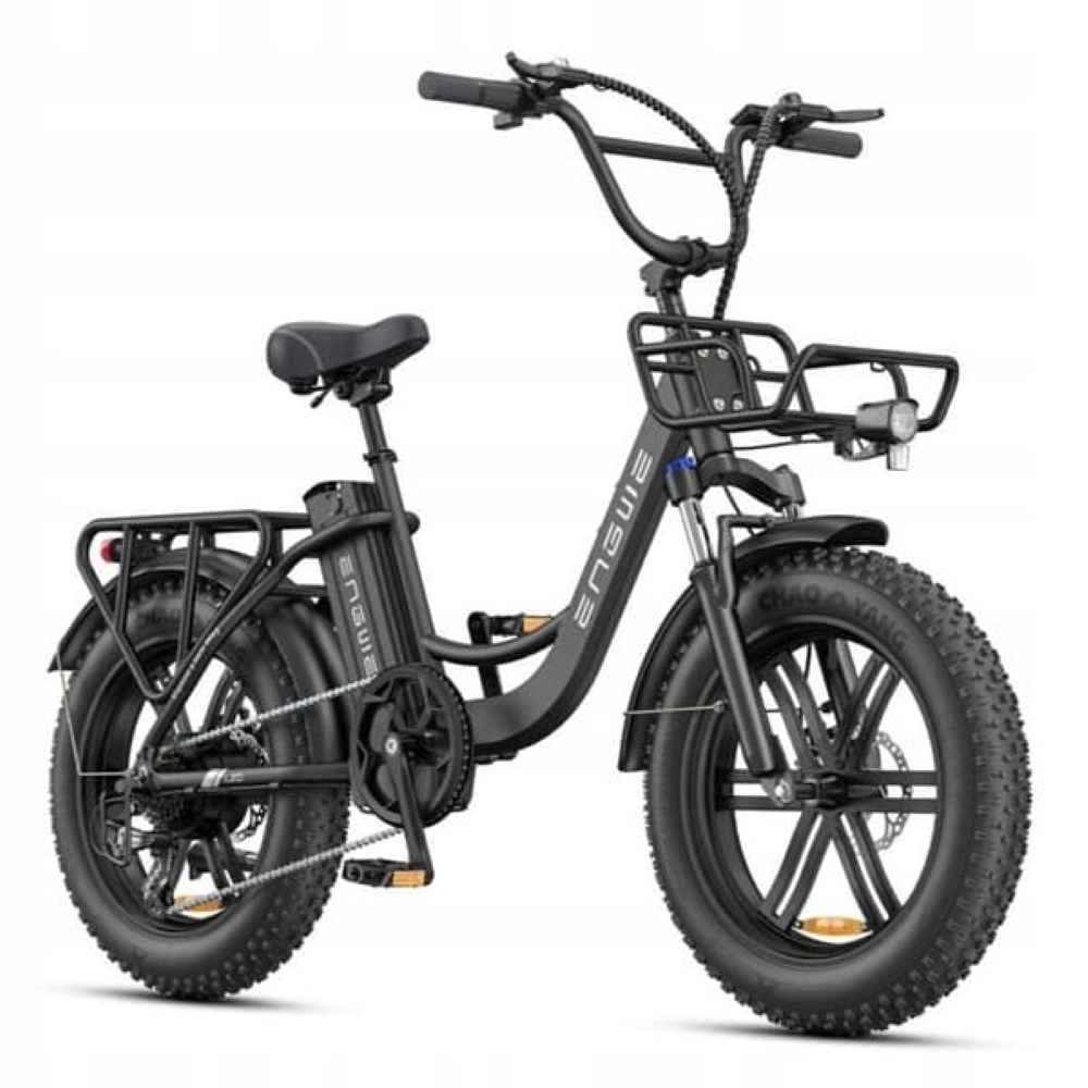 Ein schwarzes Elektrofahrrad mit fetten Reifen, Vorderradkorb und Gepäckträger.