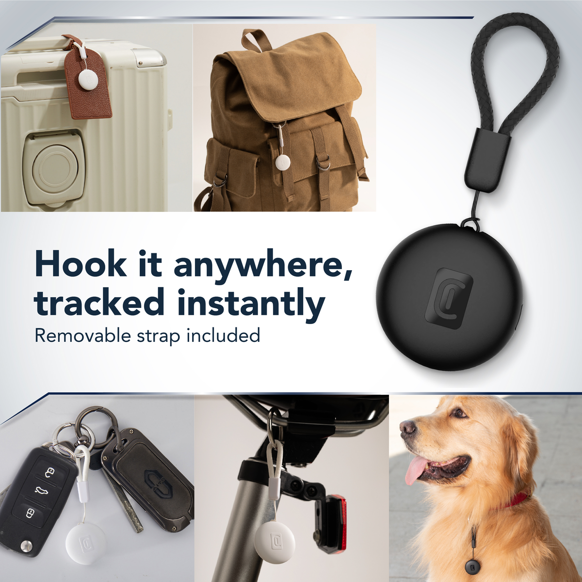 Ein Kofferanhänger, Rucksack, Schlüsselbund, Fahrrad und Hund tragen Ortungsgeräte.