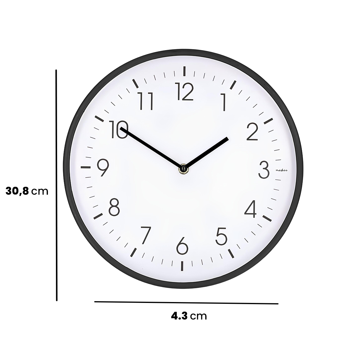 Eine schwarze Wanduhr mit weißen Ziffern und schwarzen Zeigern.