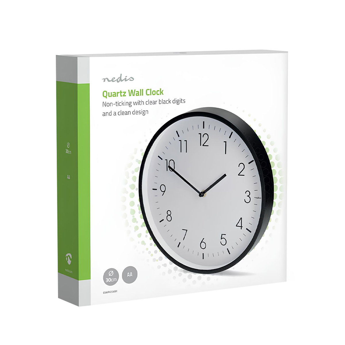 Verpackung mit einer schwarzen Quarzwanduhr mit weißem Zifferblatt und schwarzen Ziffern.