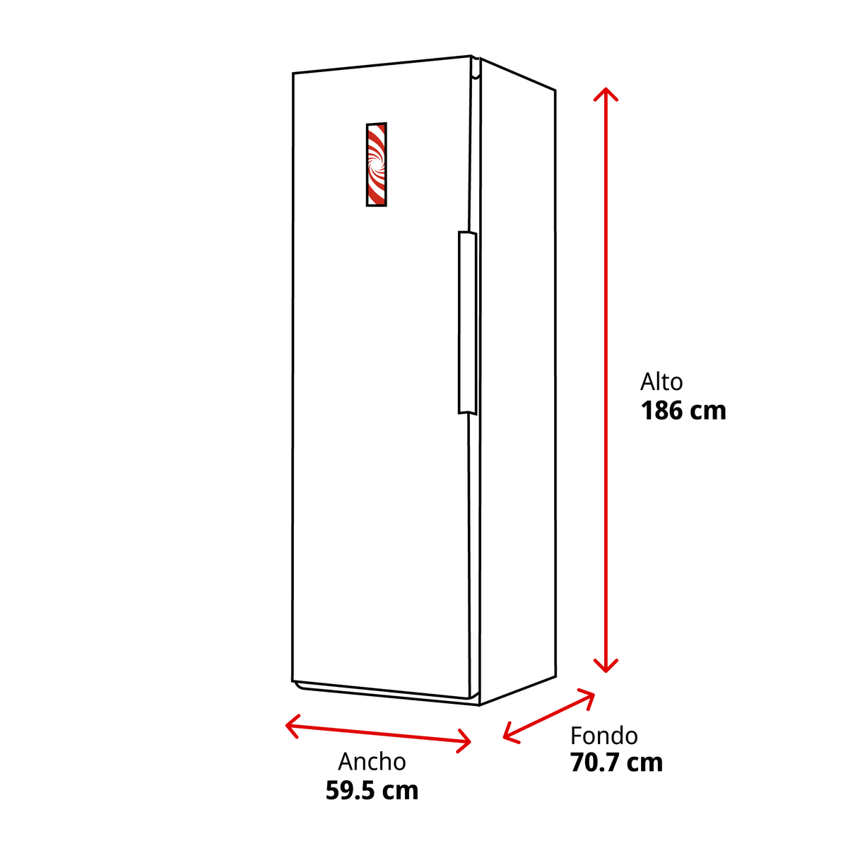 Biała lodówka z czerwonymi akcentami, wysokość 186 cm, szerokość 59,5 cm, głębokość 70,7 cm.